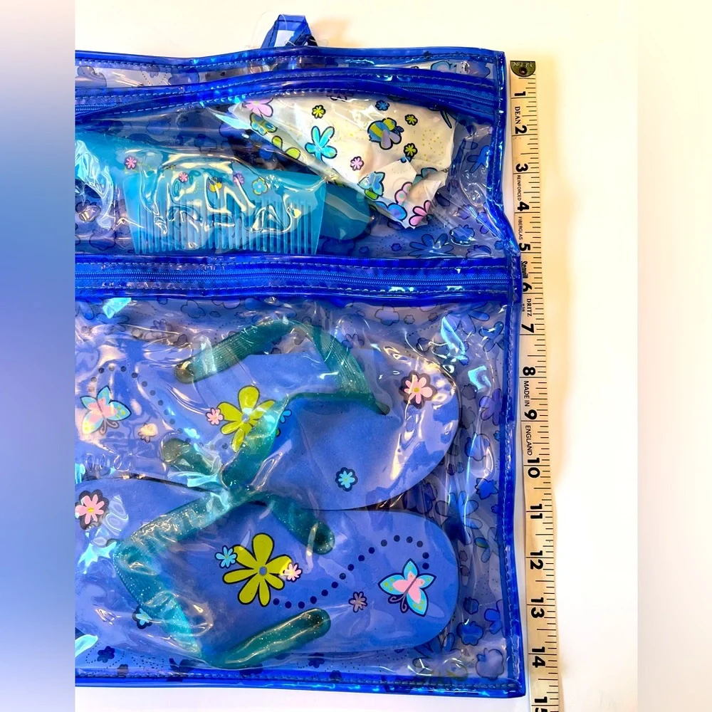 Tweens Roll Up Fun Blue Floral Toiletry Bag with Flip Flops! Brand New with Tags